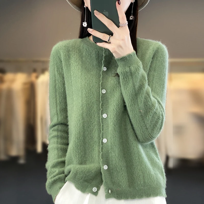 New Autumn Winter Cashmere Sweater Women 100% Merino Wool Sweater Round Neck Cardigan Casual Lace Up Knitted Clothing Tops