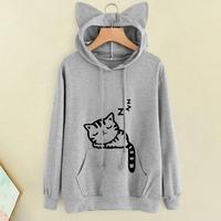 Women Cat Ear Hoodie Cute Cat Print Hoodie Cozy Cat Ear Hoodie with Big Pocket for Women Cute Kitty Print for Fall for Home