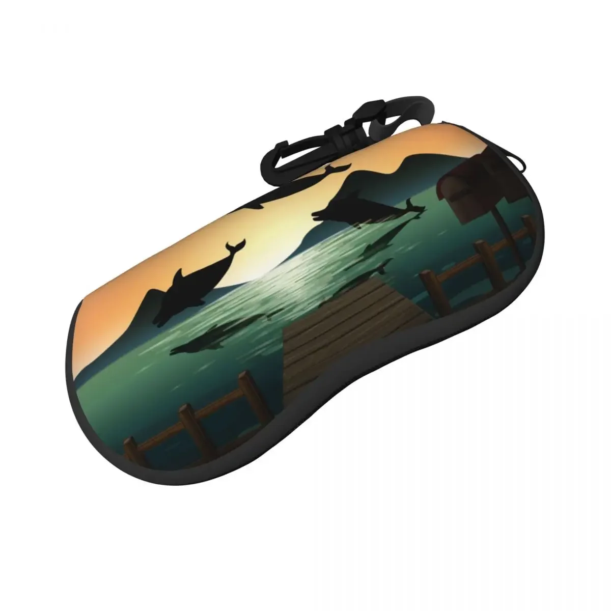 Portable Eyewear Case Dolphin Nature Scene Silhouette Sunglasses Soft Case Glasses Box with Lanyard Zipper Eyeglass Case