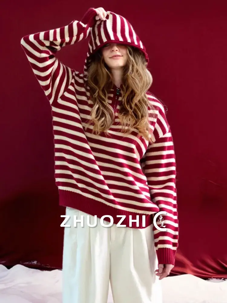 

ZhuoZhi Lazy Knitted Sweater Red Stripes Hoodie Women's Winter New Sle Korean Miu System Soft French Sle Loose Fit Long S...