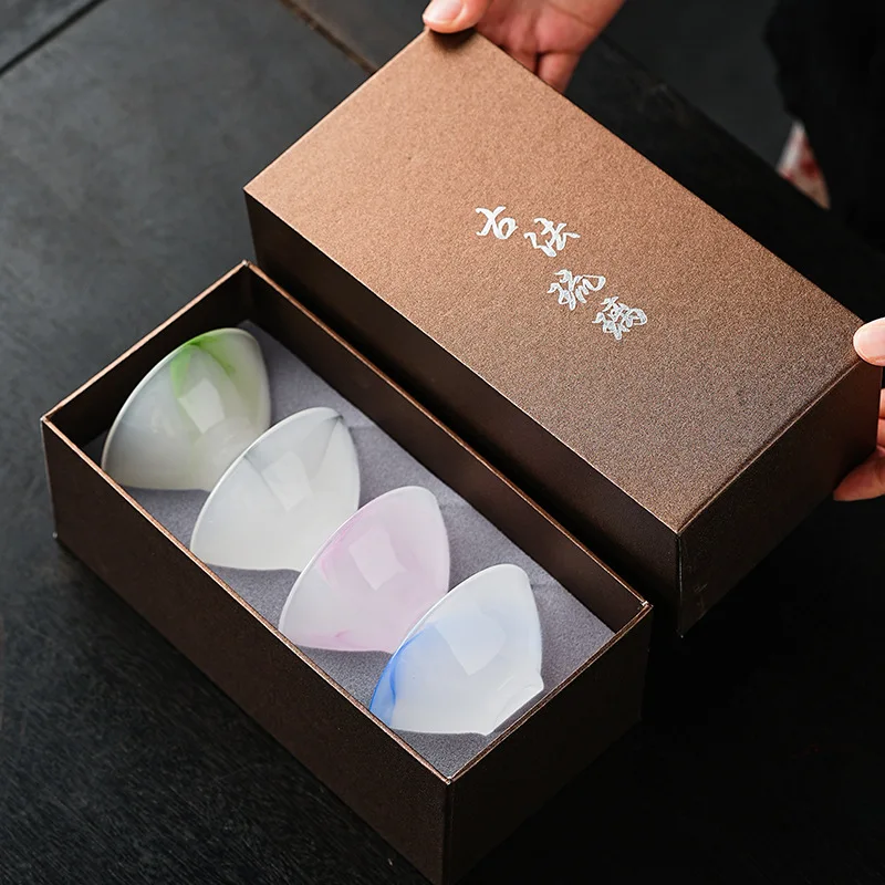

Colored Glaze Conical Tea Cups 4 Piece Jade-like Personal Tasting Bowls Home Office Kung Fu Tea Ware Accessories Gift Boxed