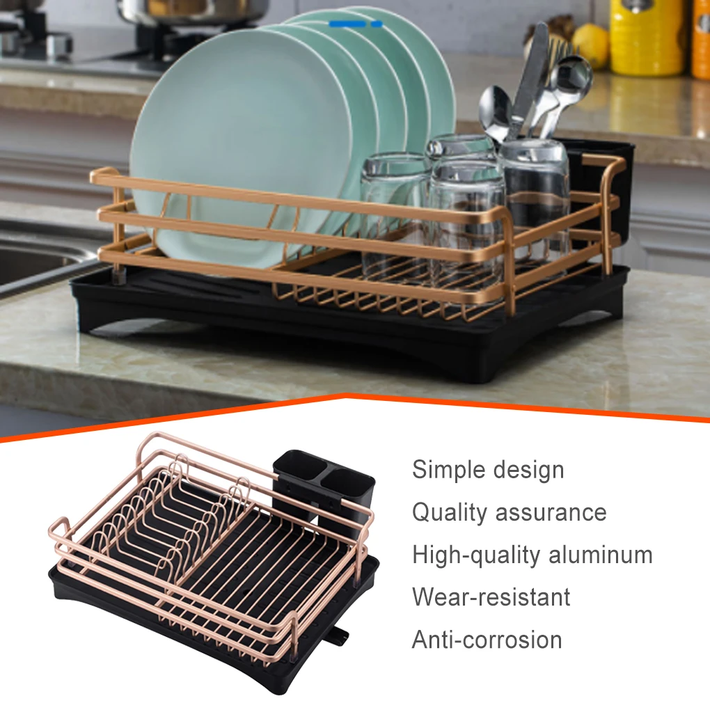 Home Aluminum Dish Drying Rack Apartment Bowl Cup Tableware Draining Organizer Dishes Detachable Holder Stand Gold Type