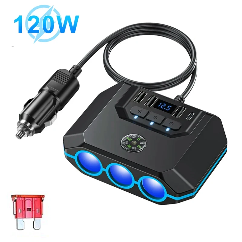 120W Car Charger Adapter with USB & PD, 7 in 1 Multi Port Power Plug with Independent Switches & LED Voltage Display For Car