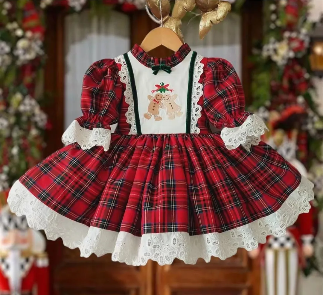 Baby Girl Spring Summer Red Plaid Gingerbread Man Turkish Vintage Princess Gown Dress for Birthday Holiday Party Eid