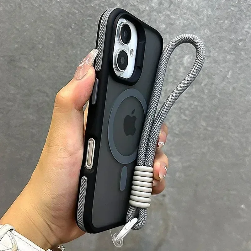 

for Magsafe Matte Color Contrast Lanyard Case for iPhone 16 15 14 Plus 11 12 13 Pro Max Hand Wrist Strap Wireless Charging Cover