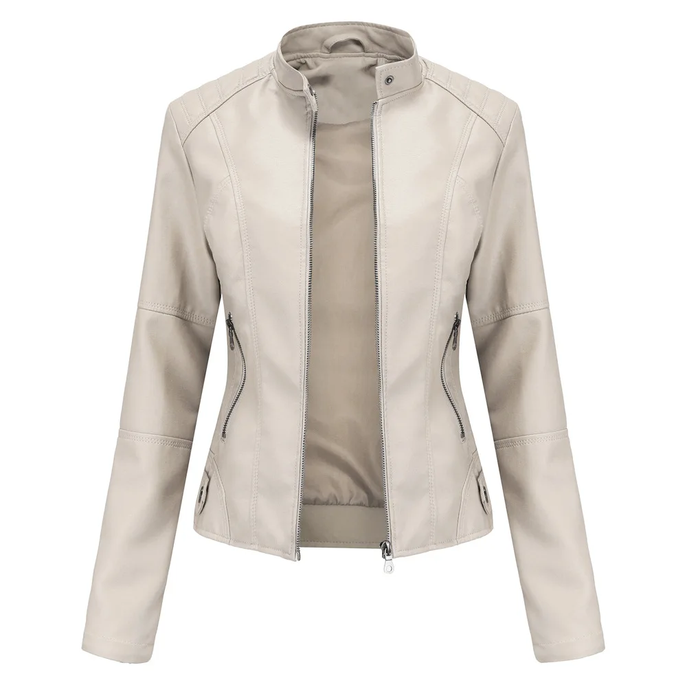 Spring Women's Red Long-sleeved Artificial Leather Jacket, Black Stand-up PU Coat, European Size,Available in Blue,Beige,Purple.