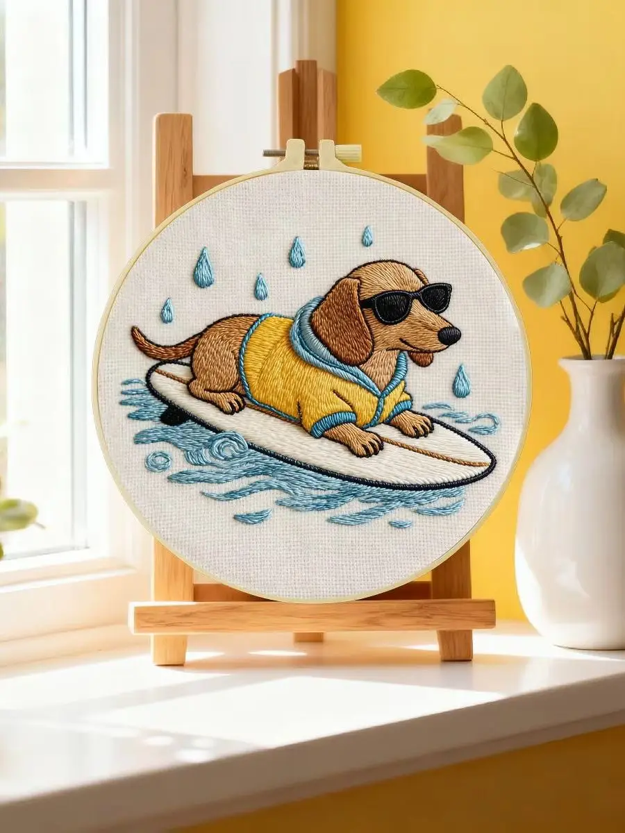 1 Stück 20x20cm/15x15cm 7,87/6,3 Zoll Hund beim Surfen Stickerei-Starter-Kit DIY-Kit DIY-Stickerei-Set für Anfänger – Detail 6
