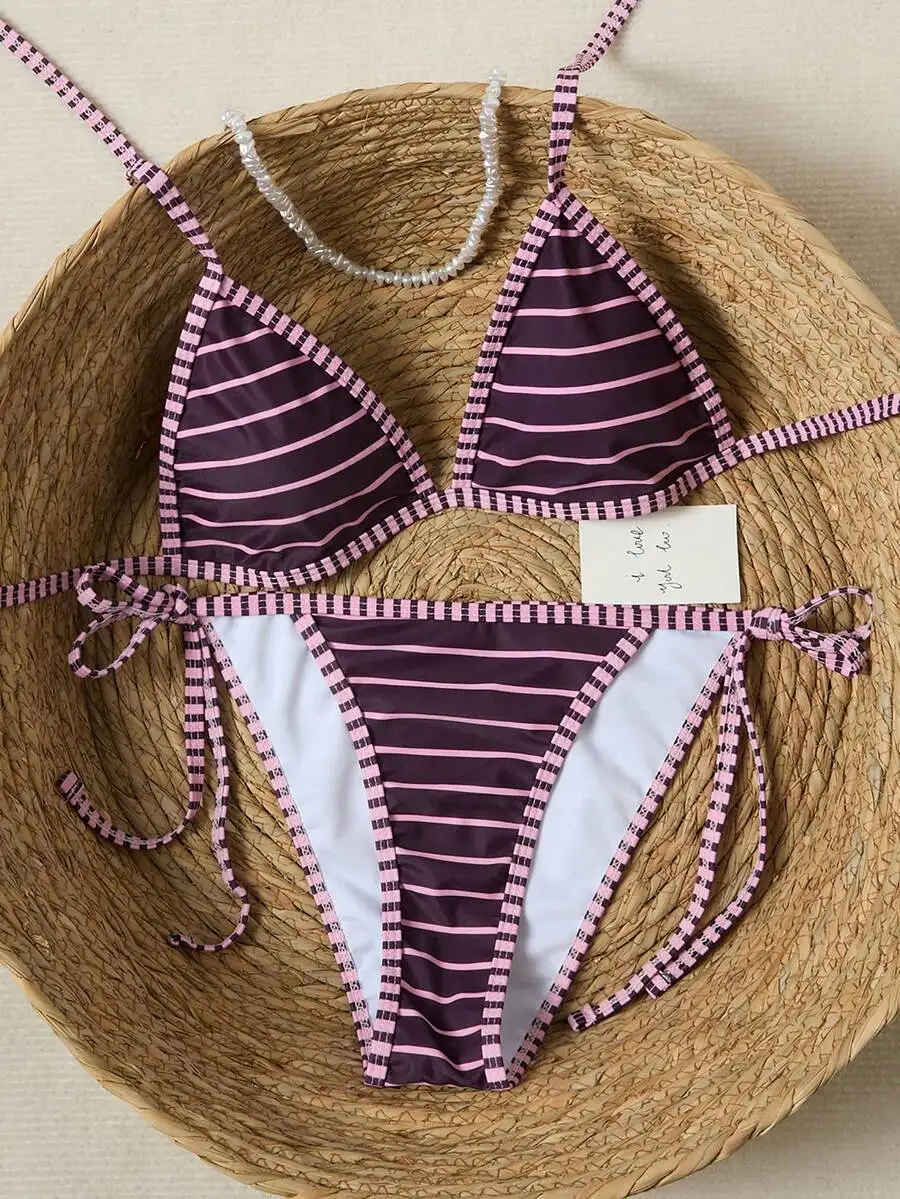 

Womens Pink And Purple Striped Triangle Bikini Set With Tie Sides