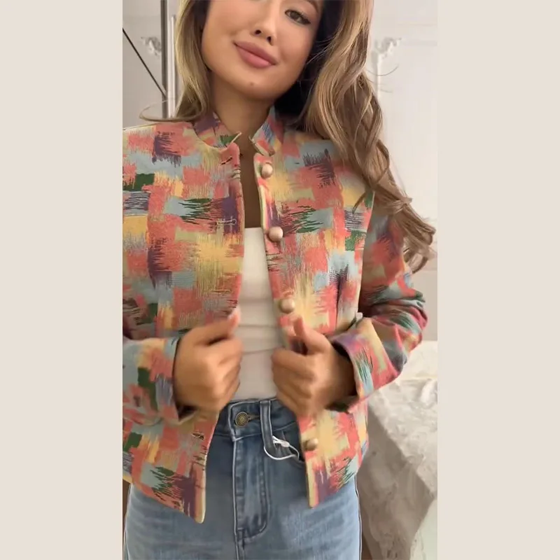 Damen-Crop-Mäntel mit Stehkragen, Jacquard-Muster, langärmelig, Herbst, einreihig, mit Paneelen, schicke neue Oberbekleidung – Detail 10