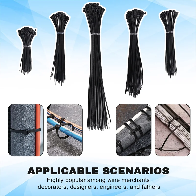 AY03-500PCS Abraçadeiras Pretas Heavy Duty Zip Ties 2,5 X 100Mm, 2,5 X 150Mm, 2,5 X 160Mm, 2,5 X 200Mm, 2,5 X 300 Mm