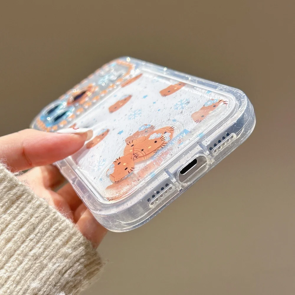 Flower Flowing Sand Black Skin KT Case For iPhone 16 15 Pro Max 14 Pro Max 13 Pro 17 Pro Max Cartoon Snowman Bling Flower Cover