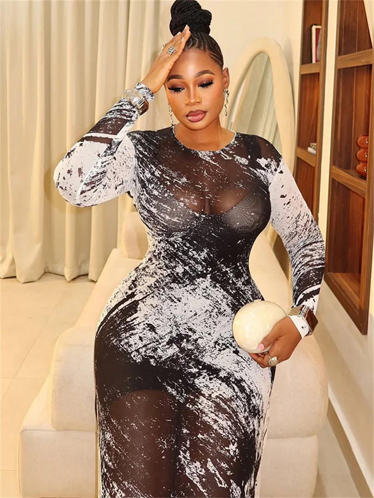 Sukienka z efektem prześwitu, seksowna, z motywem rozprysku tuszu, dekolt okrągły, długi rękaw, obcisła, elastyczna, w stylu coquette, jesienne trendy, vestidos.
