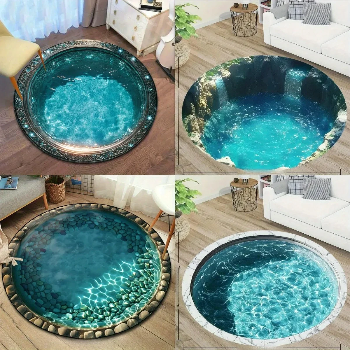 

1pc Pool Themed Round Area Mat Non-Slip Machine Washable NonSlip Floor Mat for Entryway and Bedroom living room coffee table rug