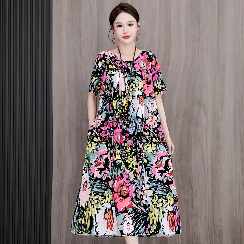 New Casual Fashion 2025 Summer Dress For Women Floral Printing Short Sleeve Elegant Vintage O-Neck Dresses Women Clothing