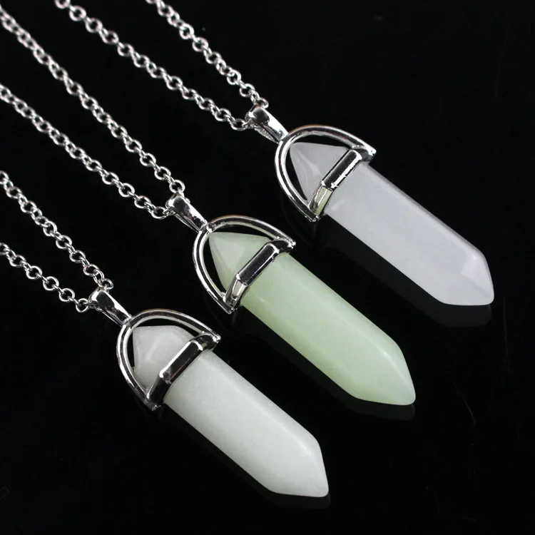 Dark Luminous Stone Fluorescent Hexagonal Column Necklace Natural Crystal Glowing In Bullet Pendant Leather Fashion Jewelry Gift