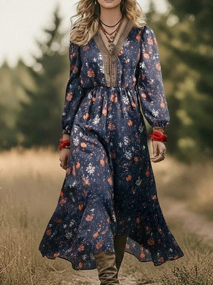 

Autumn women's long sleeved casual style polyester material 2025 new fashion V-neck pullover high waist pullover dress