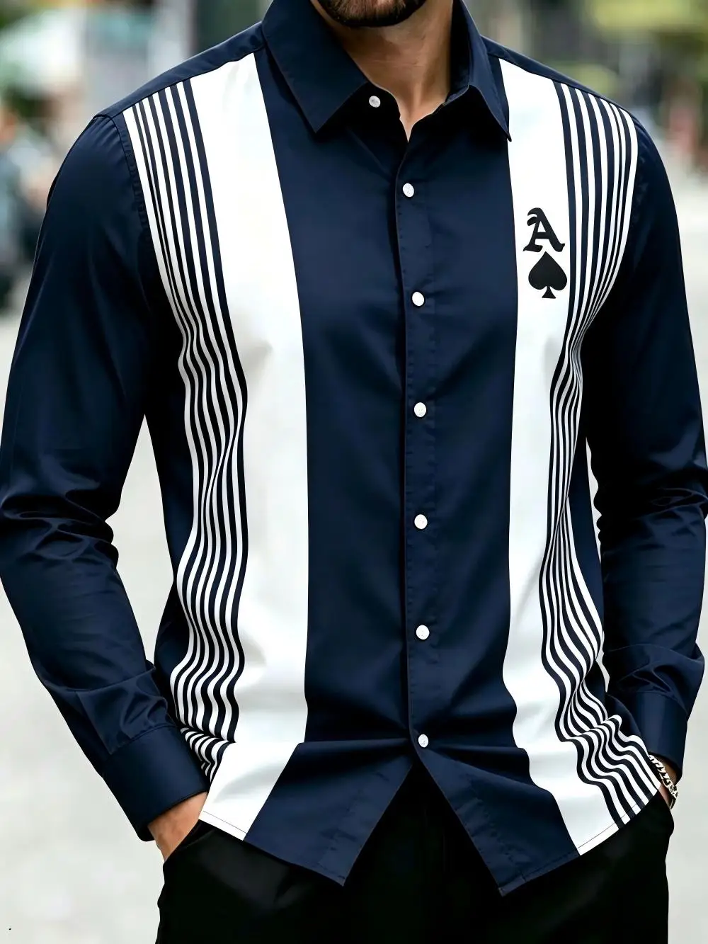 Men's summer casual black and white striped poker Ace spade print shirt, long sleeved button neck retro night party top
