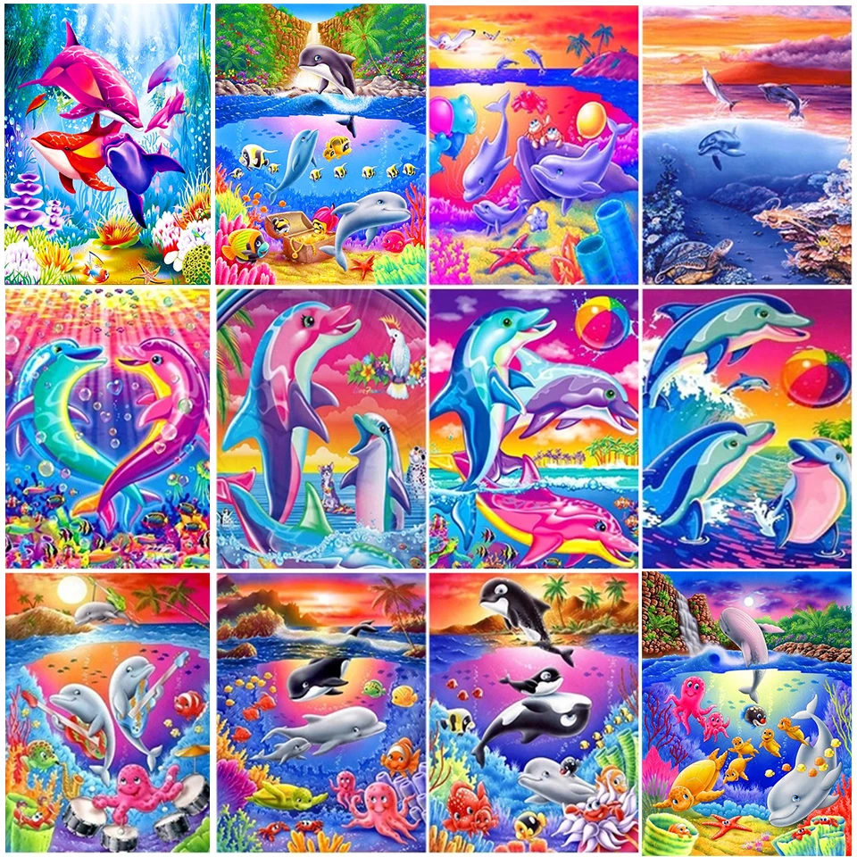 5D Diy Diamond Painting Colour Dolphin Full Rhinestones Embroidery Mosaic Art Cross Stitch Kits Home Decor New Arrivals 2023