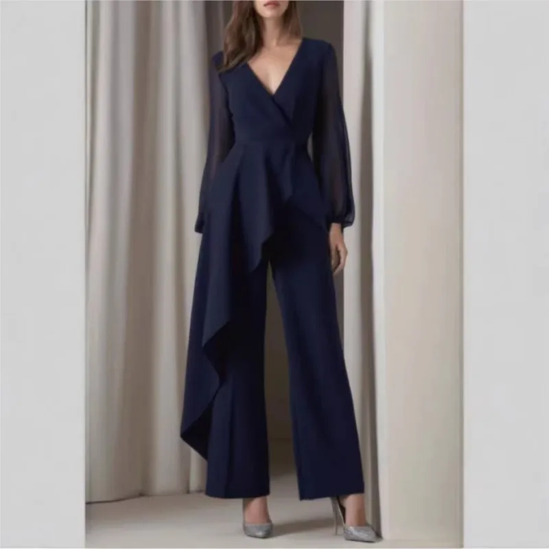 

2026 Elegant One-Piece Jumpsuit Navy Blue V-Neck Silk Chiffon Mesh fabric Long-Sleeved Casual Wide Leg Pants Office Work Clothes