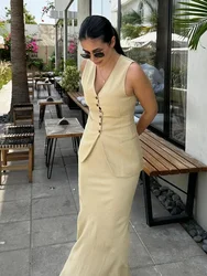 Elegant Long Skirt Suit Women Sleeveless V-neck Vest Tank Top High Waist Skirts 2 Pieces Set 2024 Summer Office Lady Outfit Suit