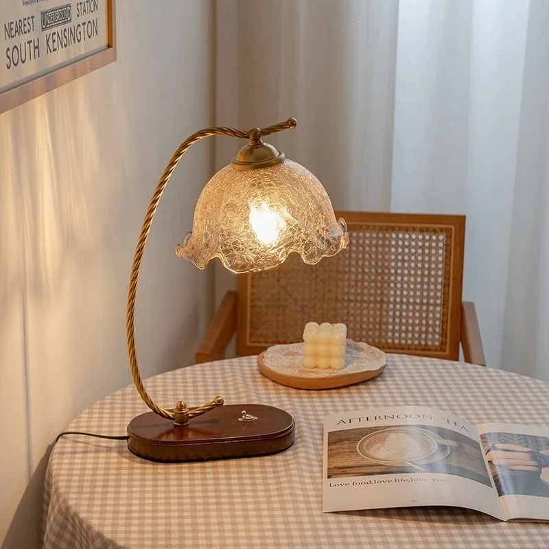 Vintage Table Lamp Twisted Metal Arm Ruffled Glass Shade Wooden Base Bedside Desk Lamp Bedroom Reading Decor Light
