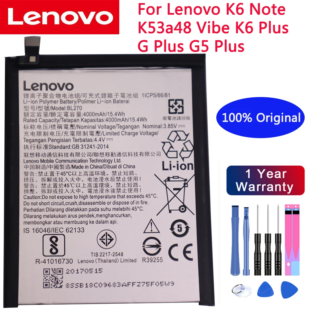 BL270 4000mAh 100% Original Battery For Lenovo K6 Note / K6 Plus K53a48 Vibe G Plus G5 Plus Batteries + Free Tools