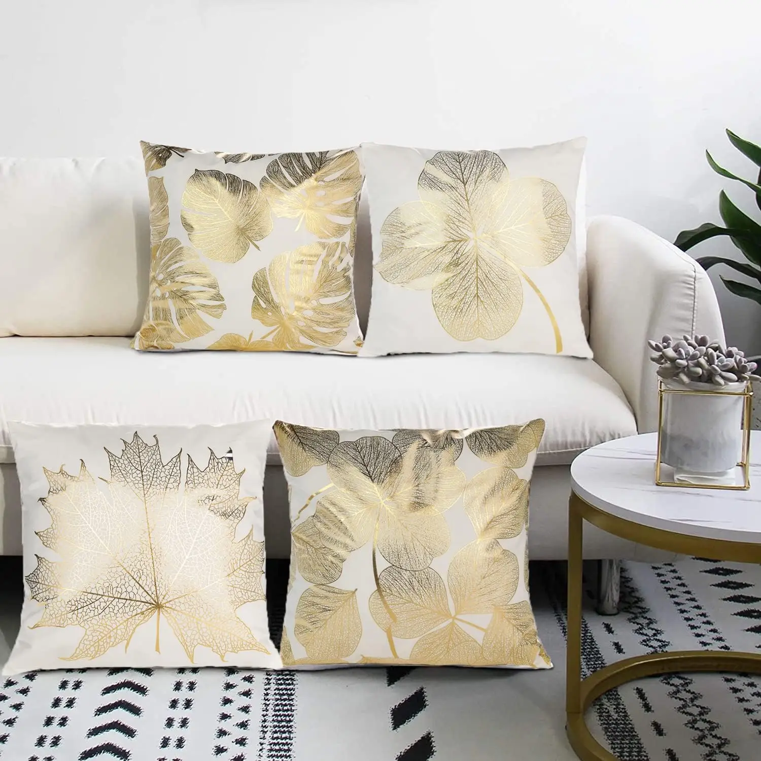 Cozy Golden Leaf Bronzing Printed Throw Pillow Covers for Living Room, Bed, and Sofa -18x18 Inch Square Pillow Cases - Home Deco