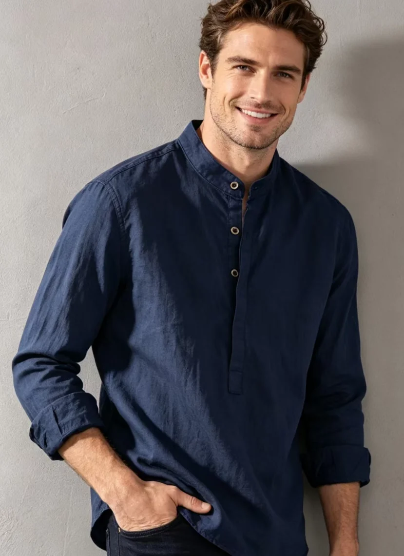 

2026 Men's Linen Long-sleeved Shirt with Stand Collar, Youth Casual Loose Men's Cotton and Linen White Shirt.Beach Vacation Top