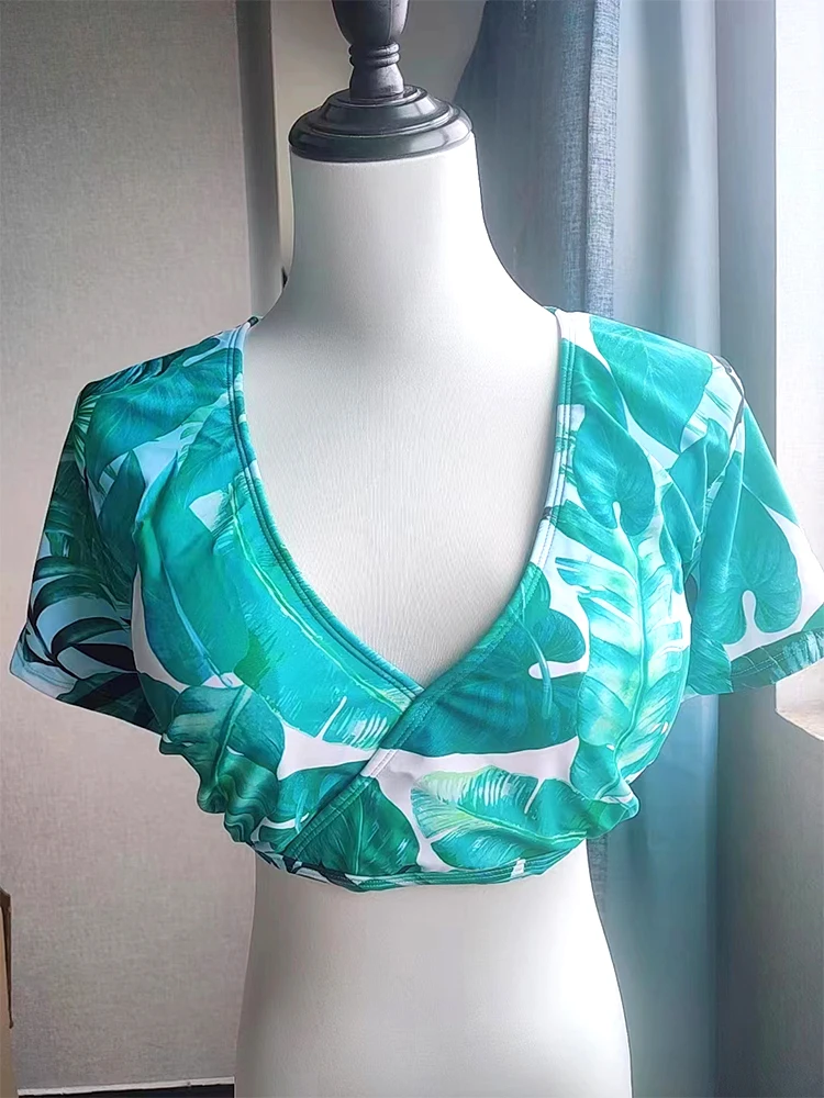 Maiô feminino estampado verde de três peças, biquíni sexy de cintura alta, roupa grande, conjunto de praia boêmia, moda plus size, 2023