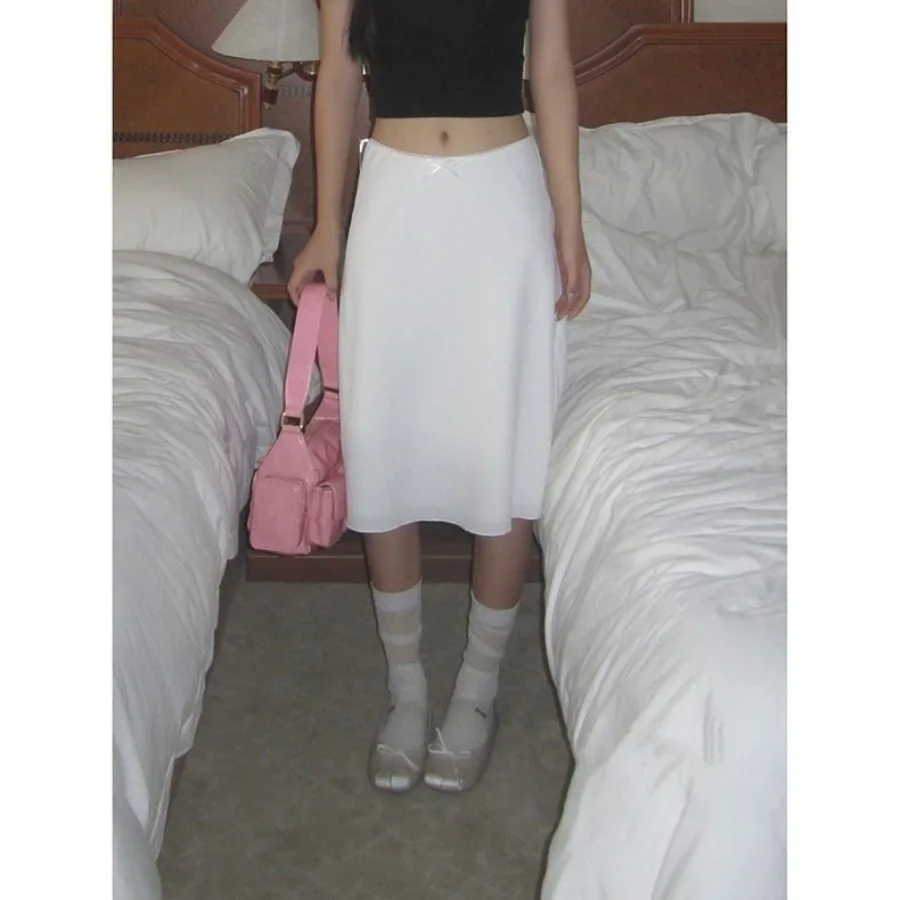 Elegant White Women Satin Skirt Fairycore Ruffle Mid Skirts Coquette A-line Basic Casual Korean Style Summer Silk Skirt