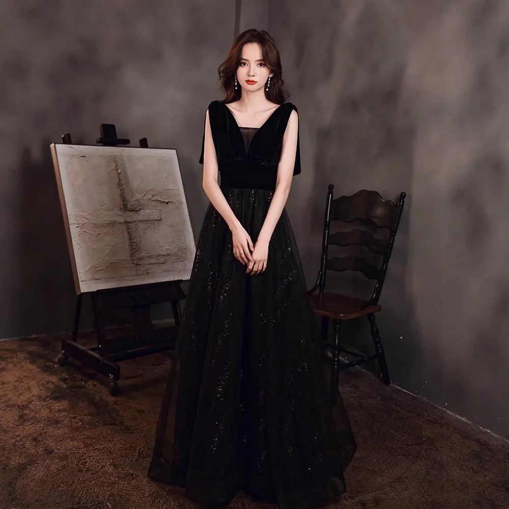

Light Luxury Women's Evening Dress Summer Black Velvet Sleeveless Prom Gowns Elegant Slim Fit Birthday Party Dresses