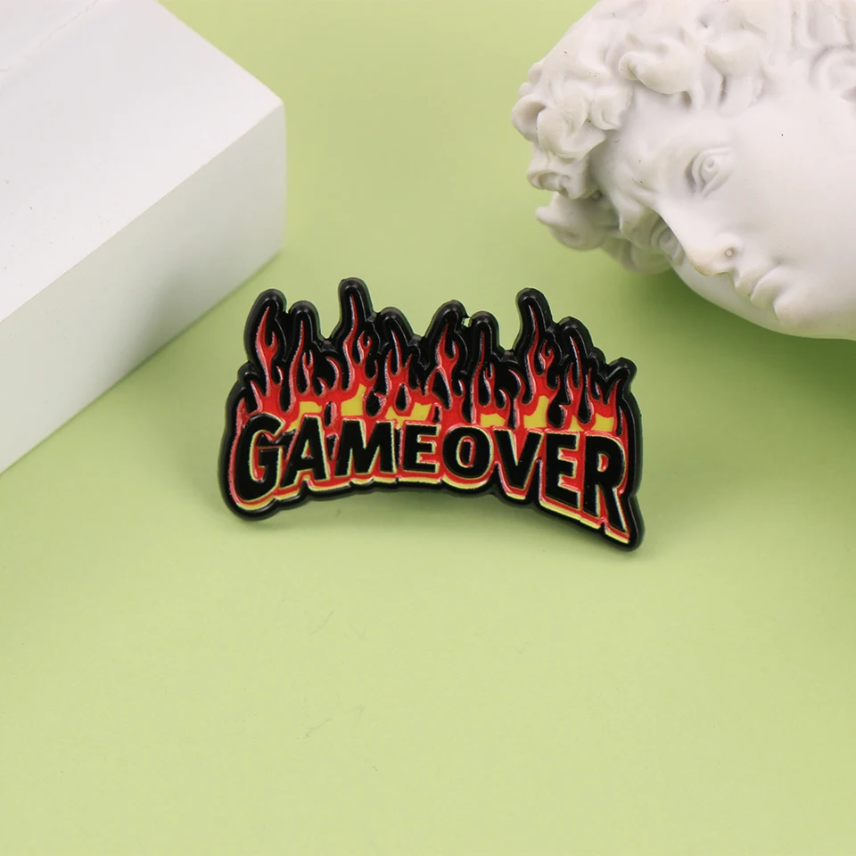 Cartoon Flame Letters GAME OVER Enamel Metal Funny Lapel Pins Brooches Badges Clothing Accessories Jewelry Gift for Kids Friends