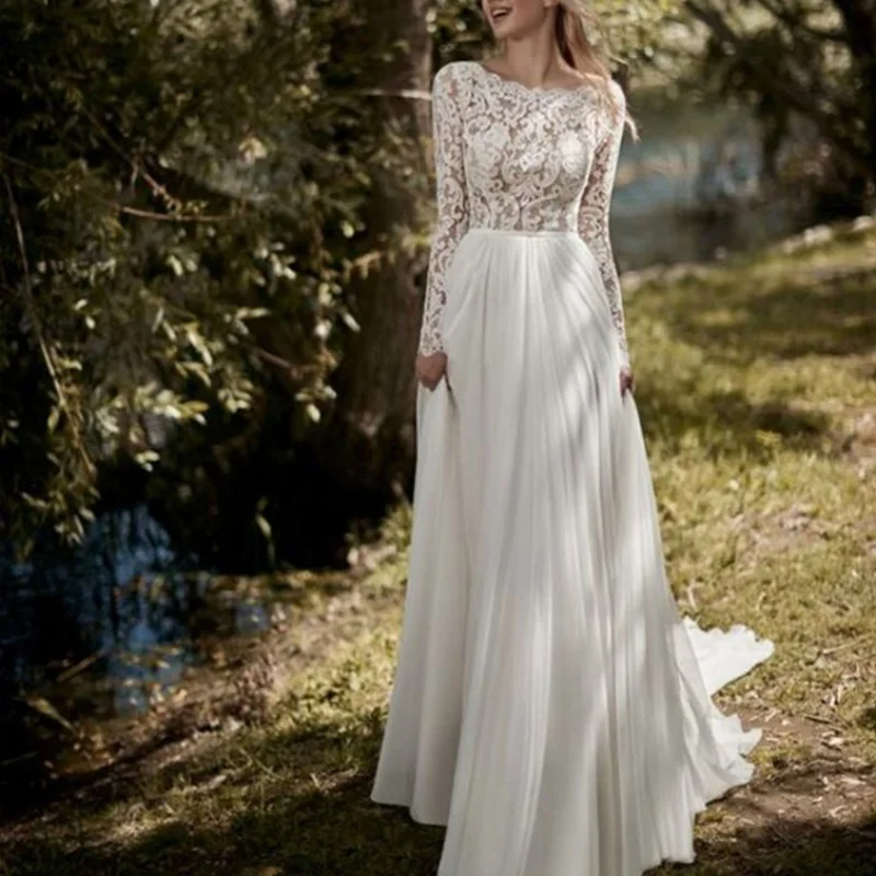 Simple Wedding Dress Long Sleeved Big Backless Lace A-line Wedding Travel Customized