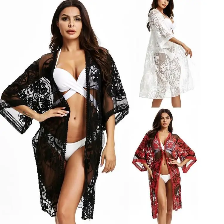 

Кружевная пляжная накидка-худи для бикини, длинное солнцезащитное пальто, женская повседневная одежда с вышивкой, однотонная, в британском стиле, с рукавом 3/4