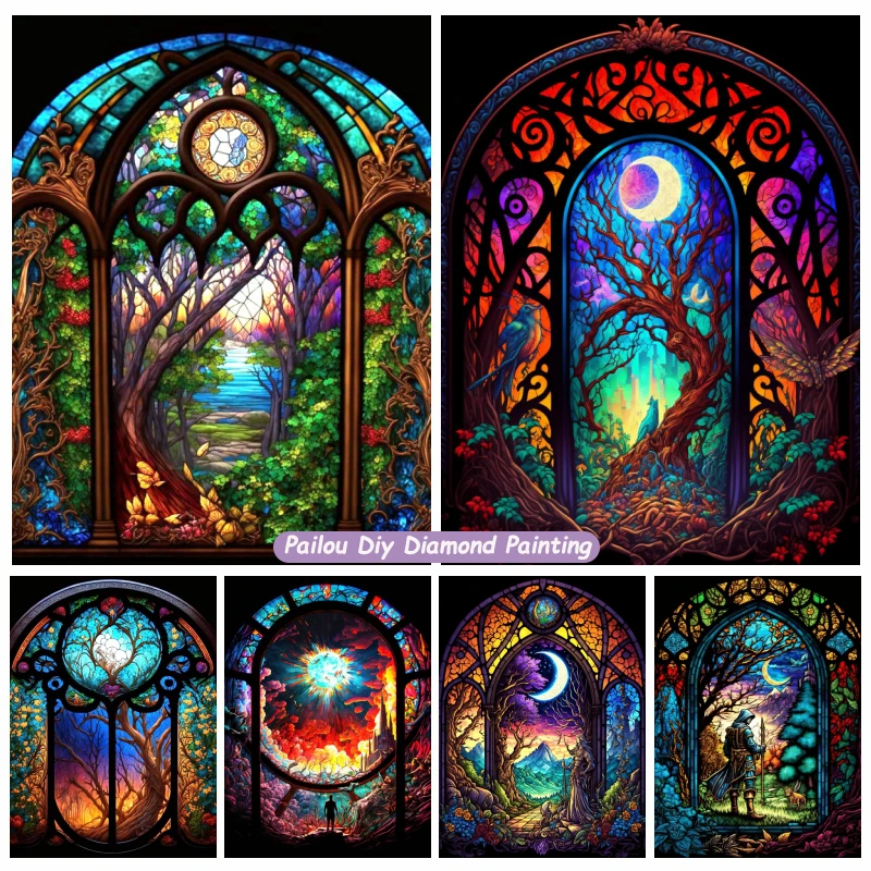 

Fantasy Stained Glass Tree Of Life Diamond Mosaic Painting Myth Forest Flowers Scenery Crystal Cross Stitch Handcraft Room Decor