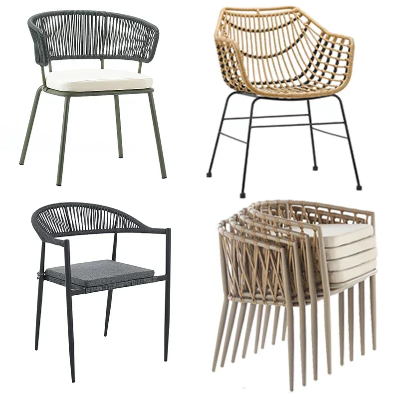 #2023 hotsell woven rope rattan outdoor stackable wholesale iron frame metal patio garden dining chair with waterproof cushion