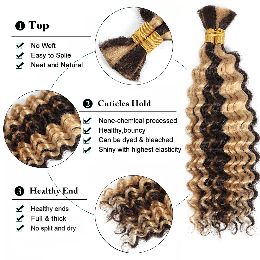 Human Braiding Hair 1 Bundle 20 Inch Human Hair Bundles for Braiding Highlight P4/27 Color Deep Wave Bulk Human Hair Bundles