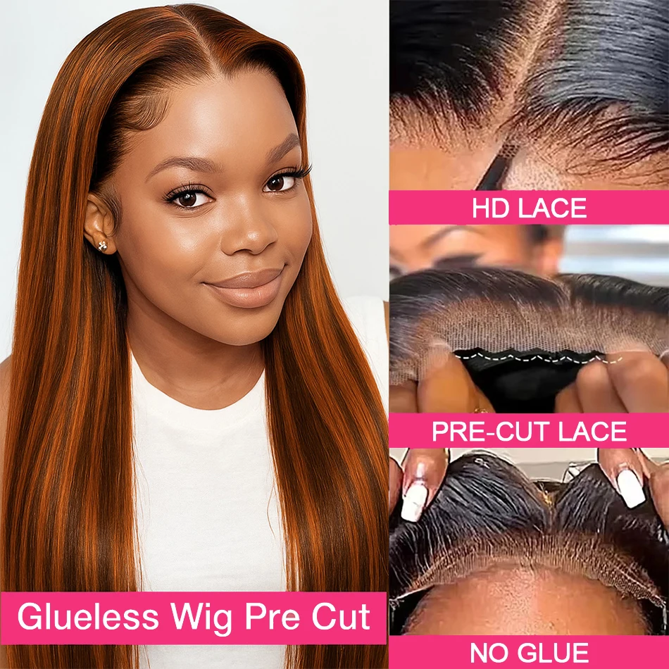 البني الزنجبيل تسليط الضوء على الباروكات شعر الإنسان العظام مستقيم 5x5 الدانتيل أمامي غلويليس قبل قطع أومبير الزنجبيل الملونة خصلات الشعر المستعار للنساء