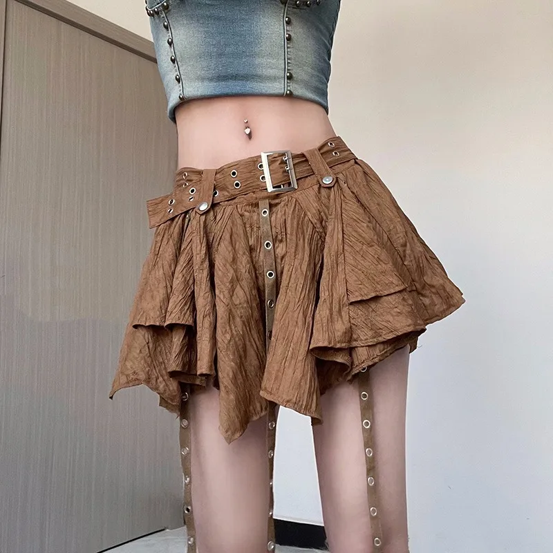 Retro Rock Irregular Hem, Corns, Ribbon, High Waisted Skirt, Spring and Summer New Style, Belt, Solid Color