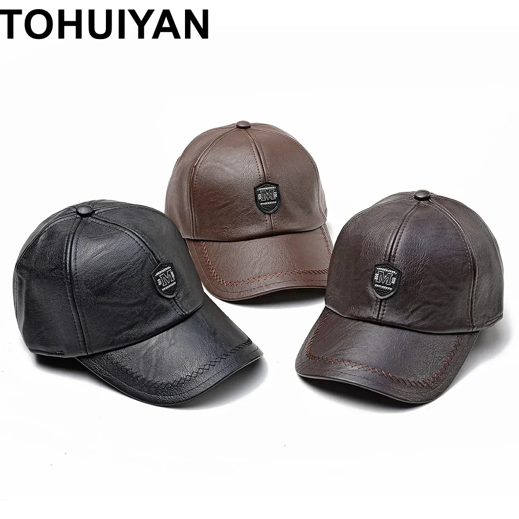 TOHUIYAN High Quality Leather Cap For Men Casual Branded Snapback Hat Autumn Winter Warm Cap Male Earflaps Dad Hats Chapeau