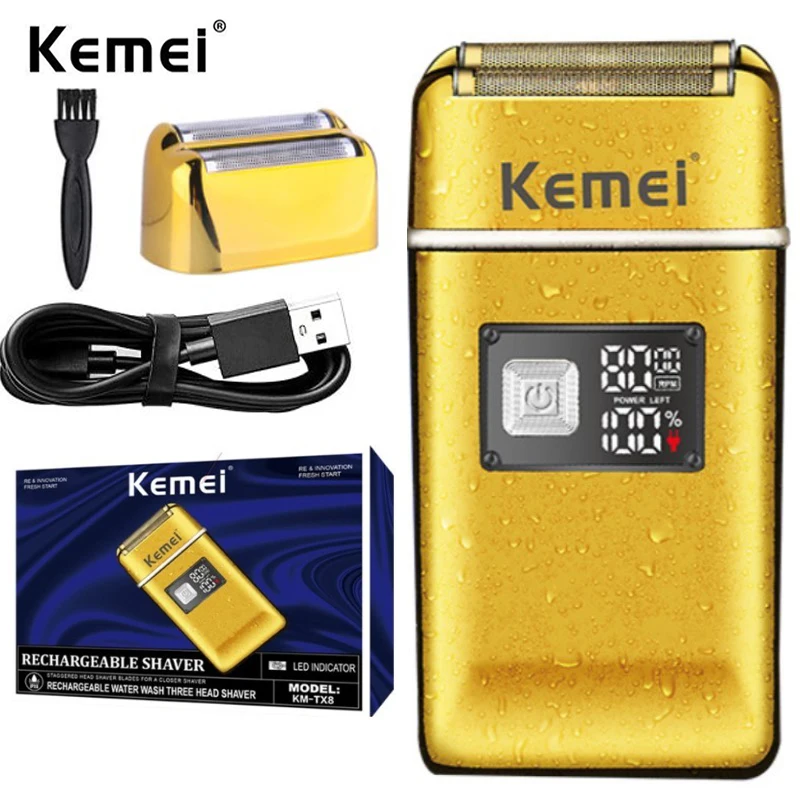 

Kemei Barber Rechargeable Foil Shaver Men Electric Powerful Bald Head Razor Washable Ultra Close Finish Shaving Machine 8000RPM