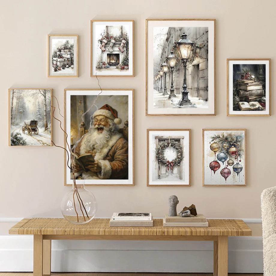 Papá Noel muñeco de nieve alce calcetines de Navidad trineo paisaje de nieve arte de la pared de moda lienzo pintura cartel nórdico decoración de la habitación