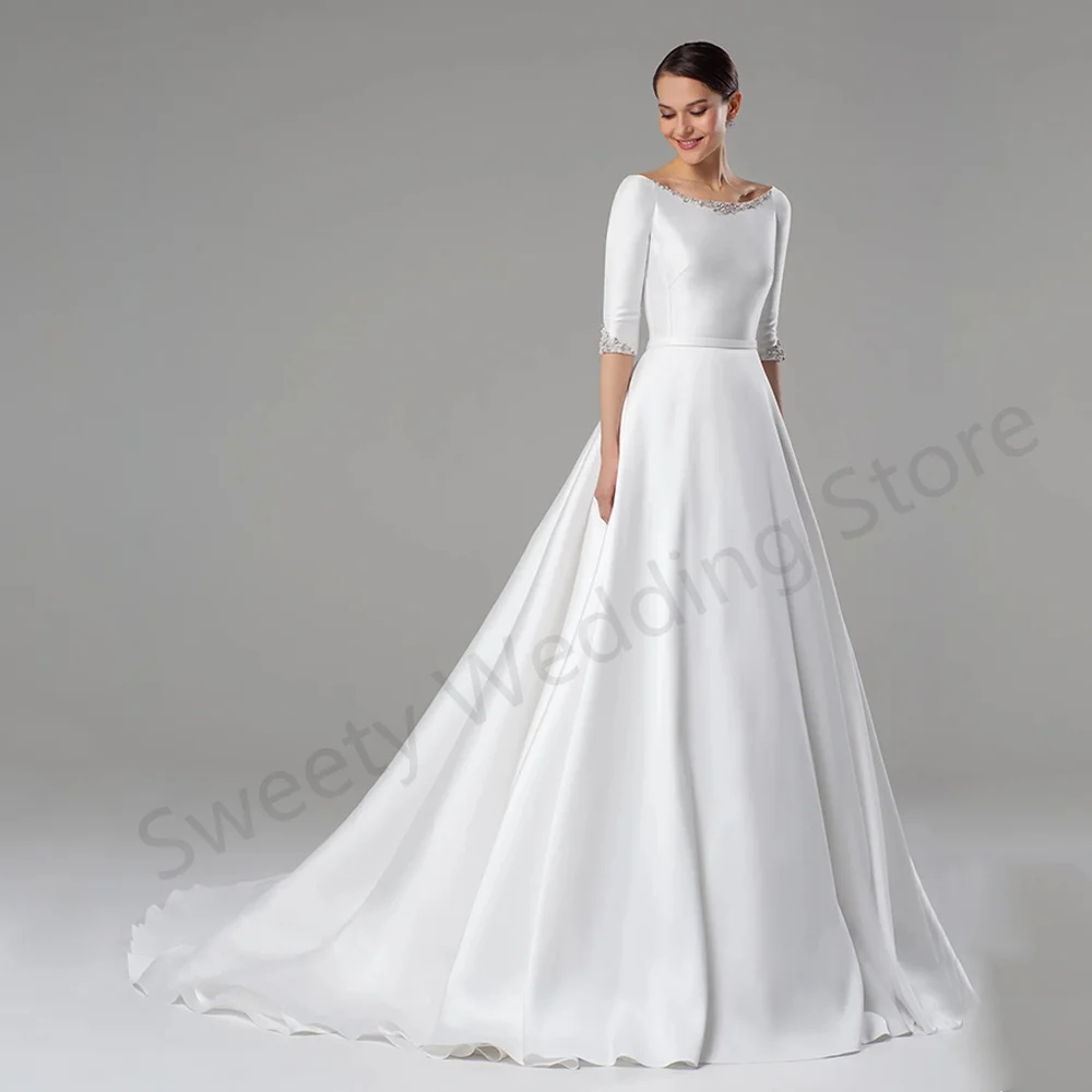 

Modern Satin Wedding Dress Vestido De Noiva Customized Scoop Neck Half Sleeves Beading Stones A Line Bridal Gown for Women Bride