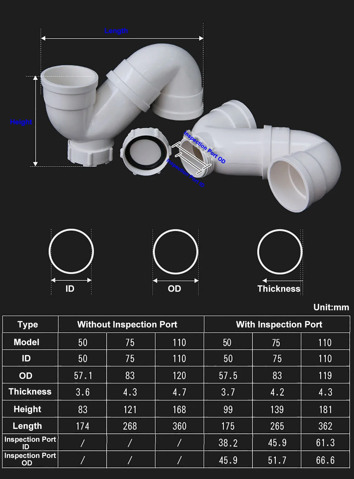 1Pcs Inner Dia 50 75 110mm PVC S Elbow Connector Kitchen Bathroom Drainage Pipe Fittings Water Tube Anti-Odor Joint