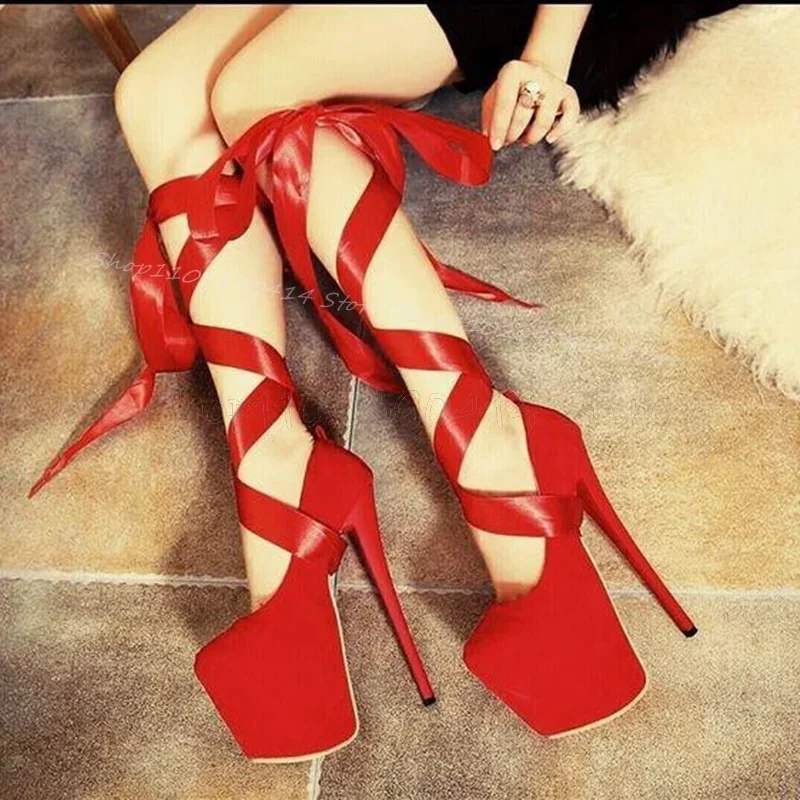 

Red Round Toe Super High Heel Platform Twine Pumps Lace Up Women Shoes Thin High Heels Fashion Banquet 2025 Zapatos Para Mujere