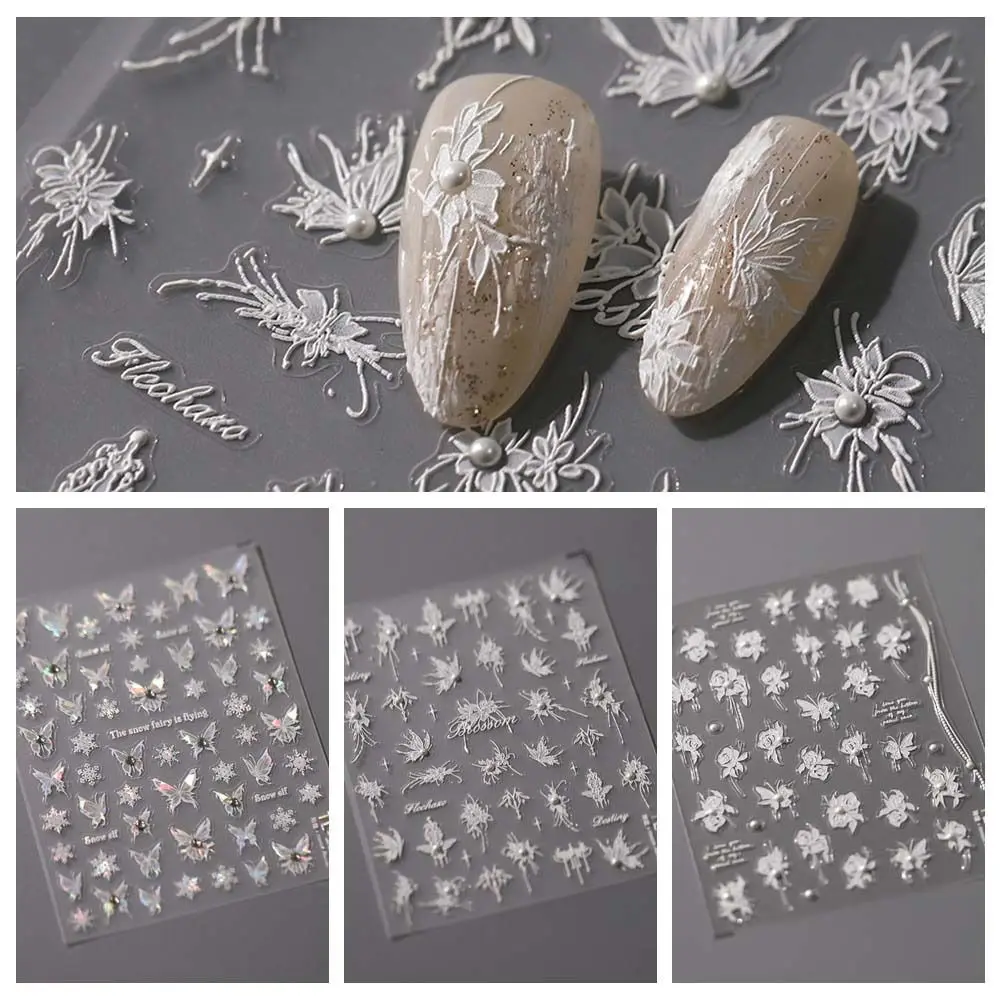 

Manicure Ornaments Pearl Butterfly Nail Stickers 5D Crystal Diamond Nail Supplies Pearl Flowers Nail Decals White Butterfly