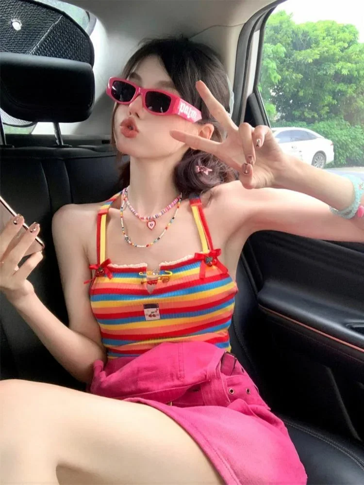 

dopamine summer Sweet Cross tie straps Camisole Sleeveless Stripe design Upper clothing Women's clothing