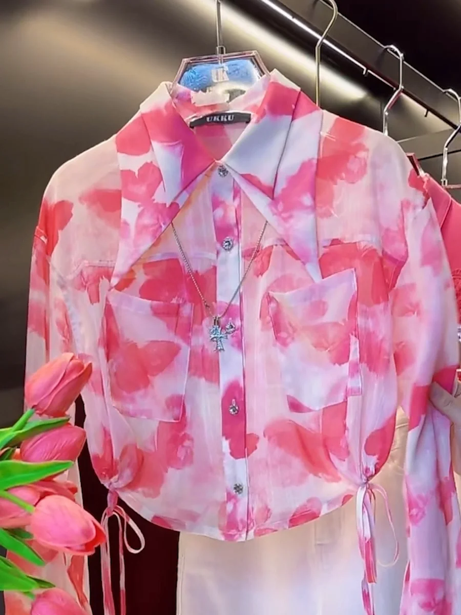 

Summer New Loose Long Sve Print Chiffon irt Women's Korean Sle Sun Protection Top Trendy Unregular irt