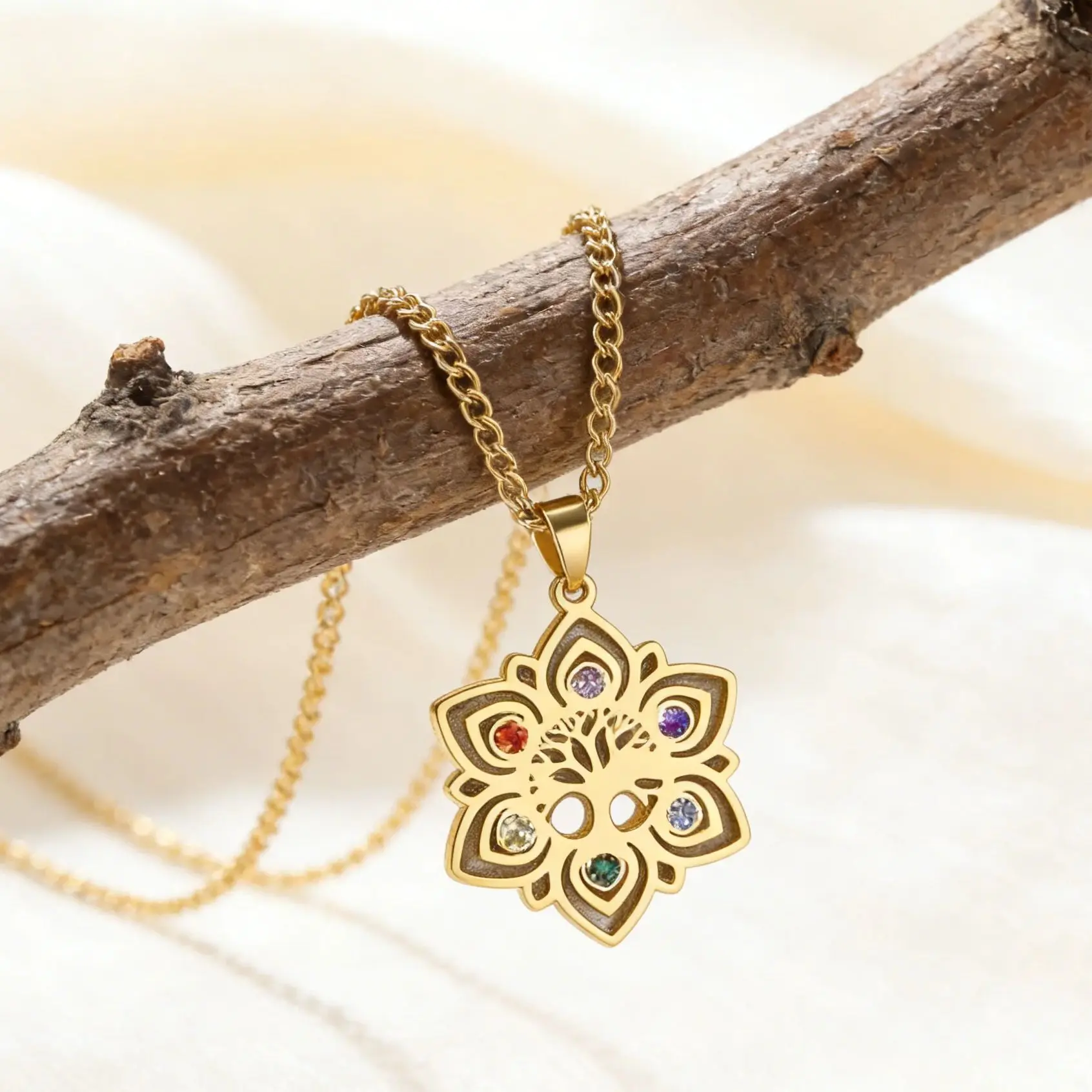 Collar con colgante de circonita colorida Lucktune Lotus Charkra, collar de árbol de la vida de acero inoxidable para mujer, joyería budista