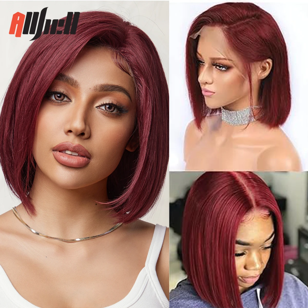 

100% Remy Human Hair Wigs for Black Women Short Straight Wine Red Lace Frontal Wigs Side Part Natural Human Hair Bob Wigs